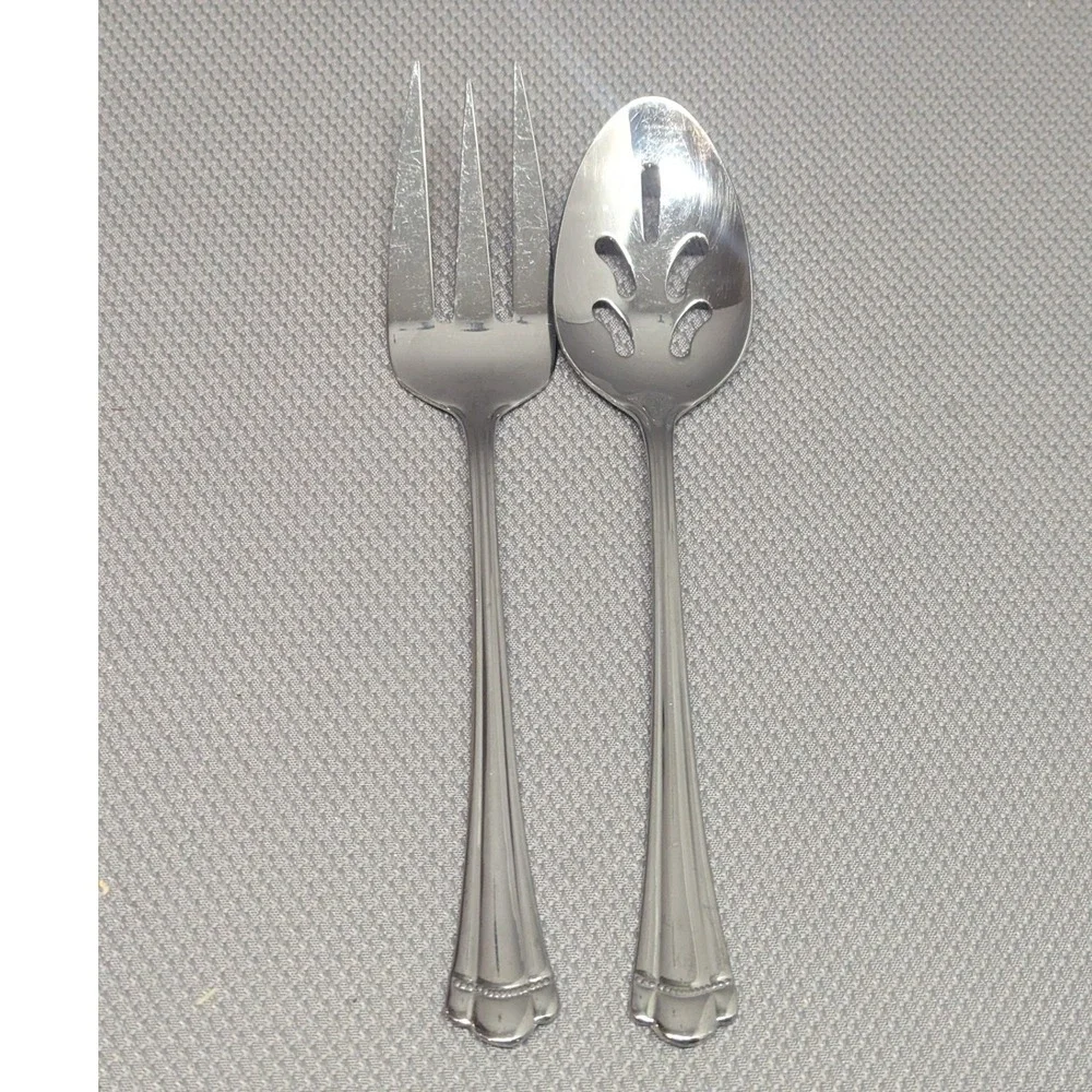 VTG Farberware Stainless Romance Pattern Serving Set Meat Fork & Pierced Spoon